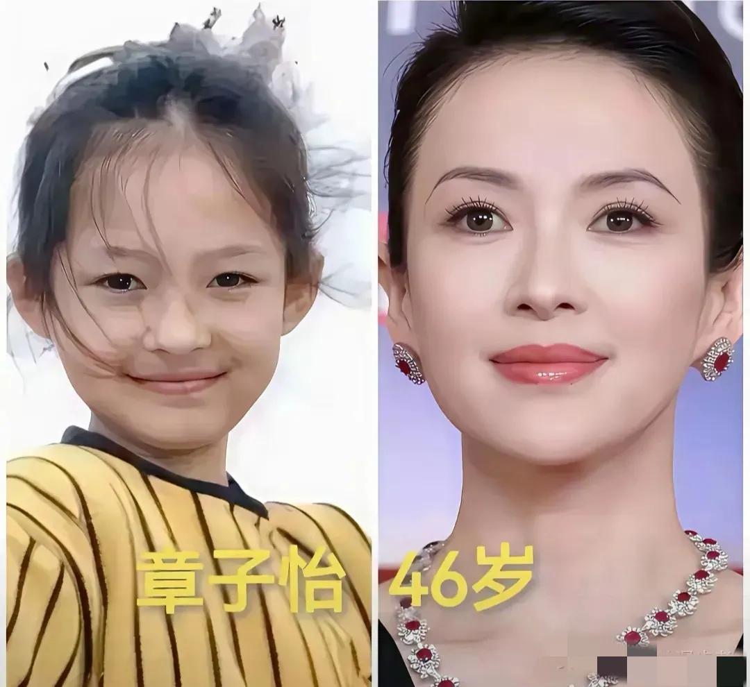 6位女星，从小美到大，模样几乎没有改变的只有章子怡，倪妮，刘亦菲；感觉成年后的杨