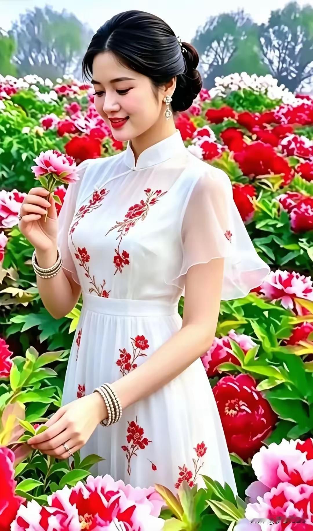 牡丹花盛开，佳人踏春来。美女采一朵。馨香盈满怀。