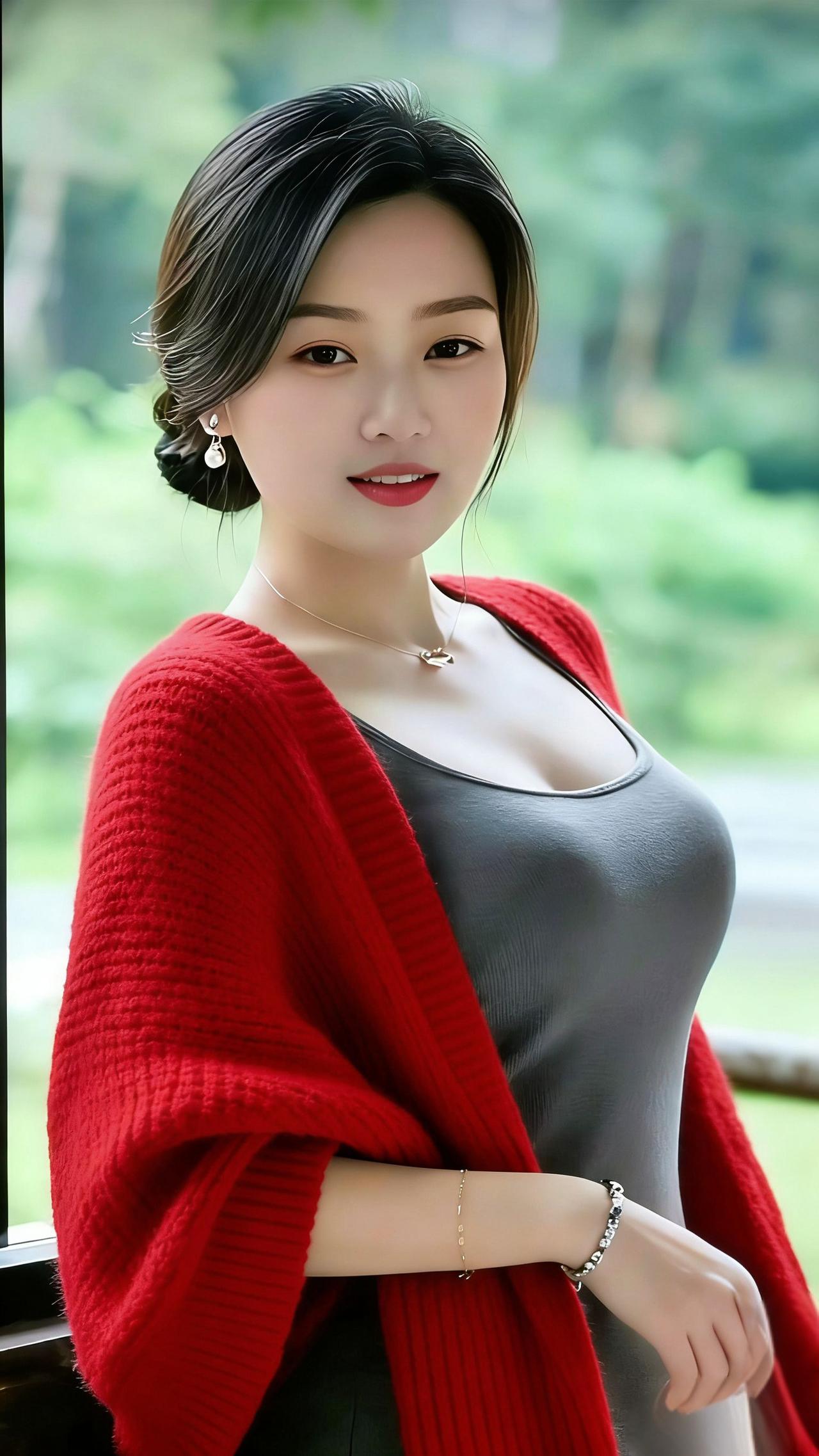红衫伴春窗外绿意铺成软绒，她披一件红针织衫倚在栏边，像把春日里最暖的光织进