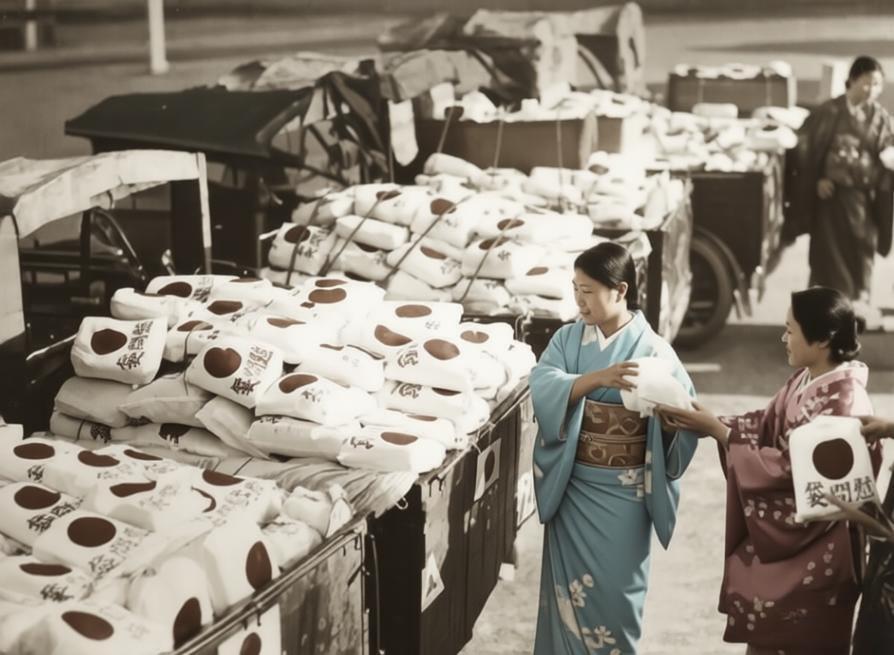 1940年，日本“爱国妇人会”的成员正围绕着堆满“前线慰问袋”的长桌忙碌。这些手