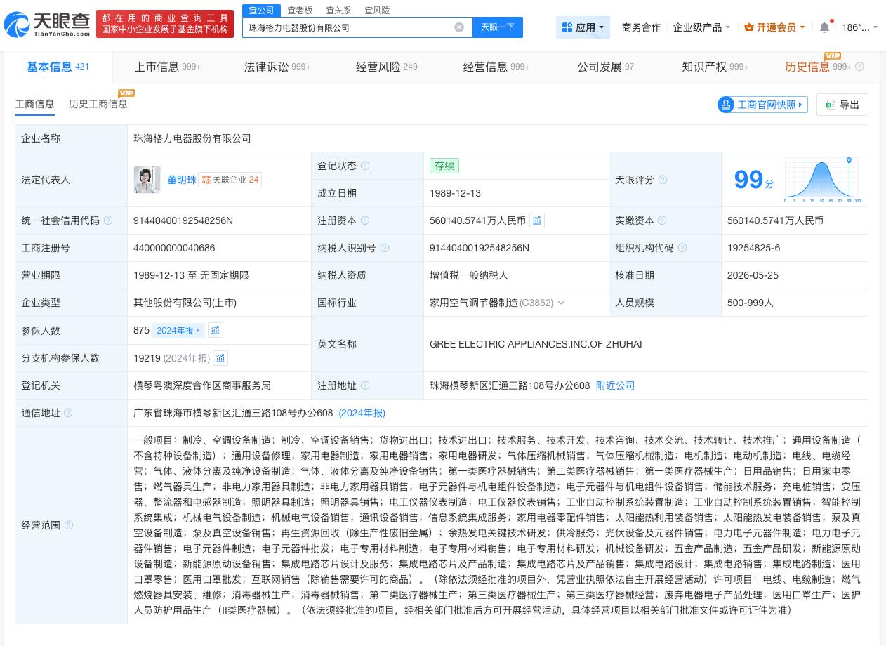 格力电器减资至约56亿格力电器减资约7%天眼查App显示，近日，珠海格力电