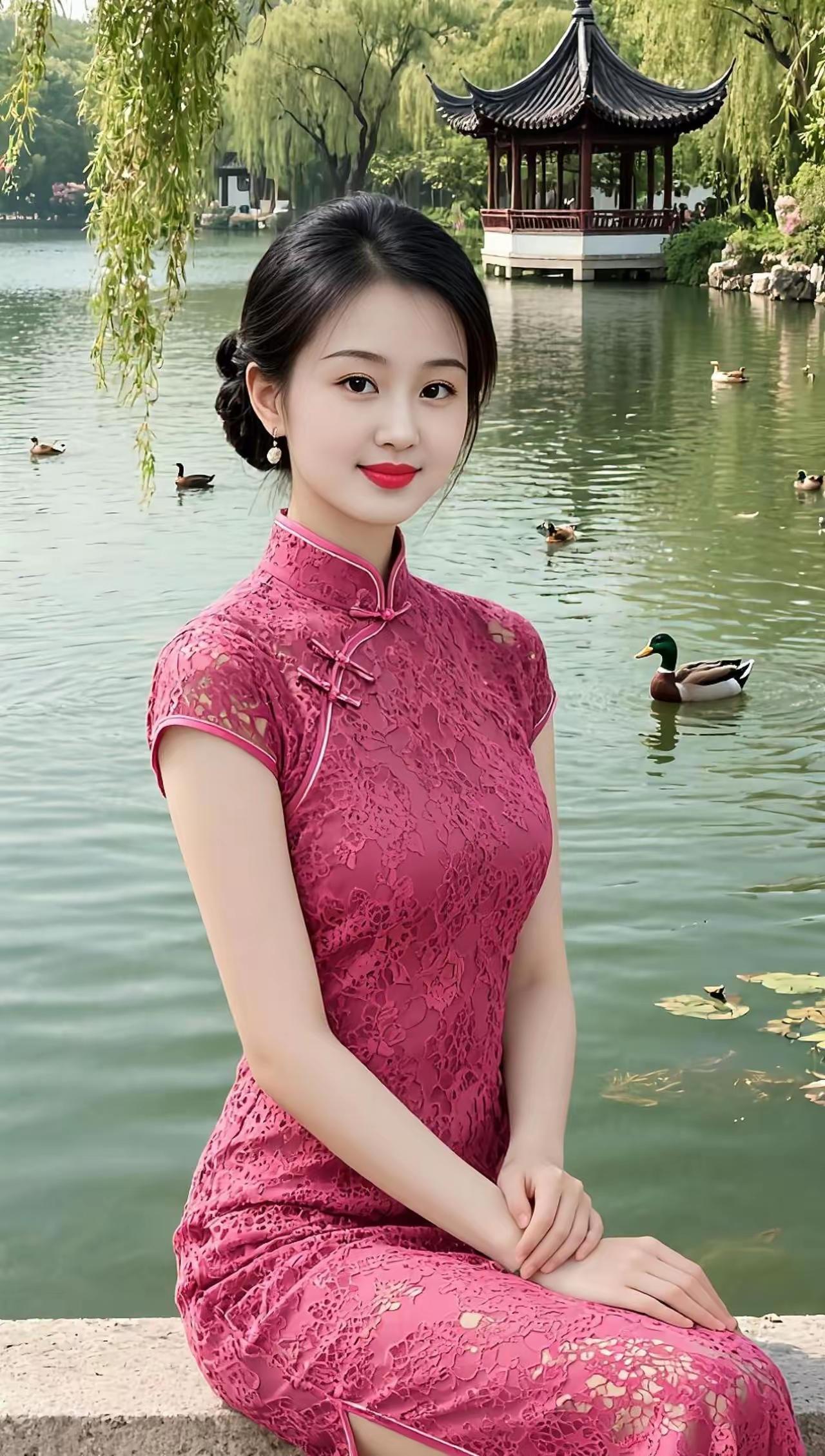 古典园林中的少女，粉裙飘逸，红唇如花，静坐湖畔，悠然自得。