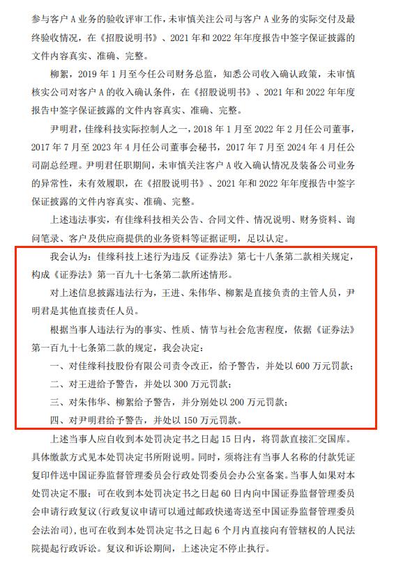 因招股书、年报虚假记载, 佳缘科技及相关责任人收到证监会1450万元罚单