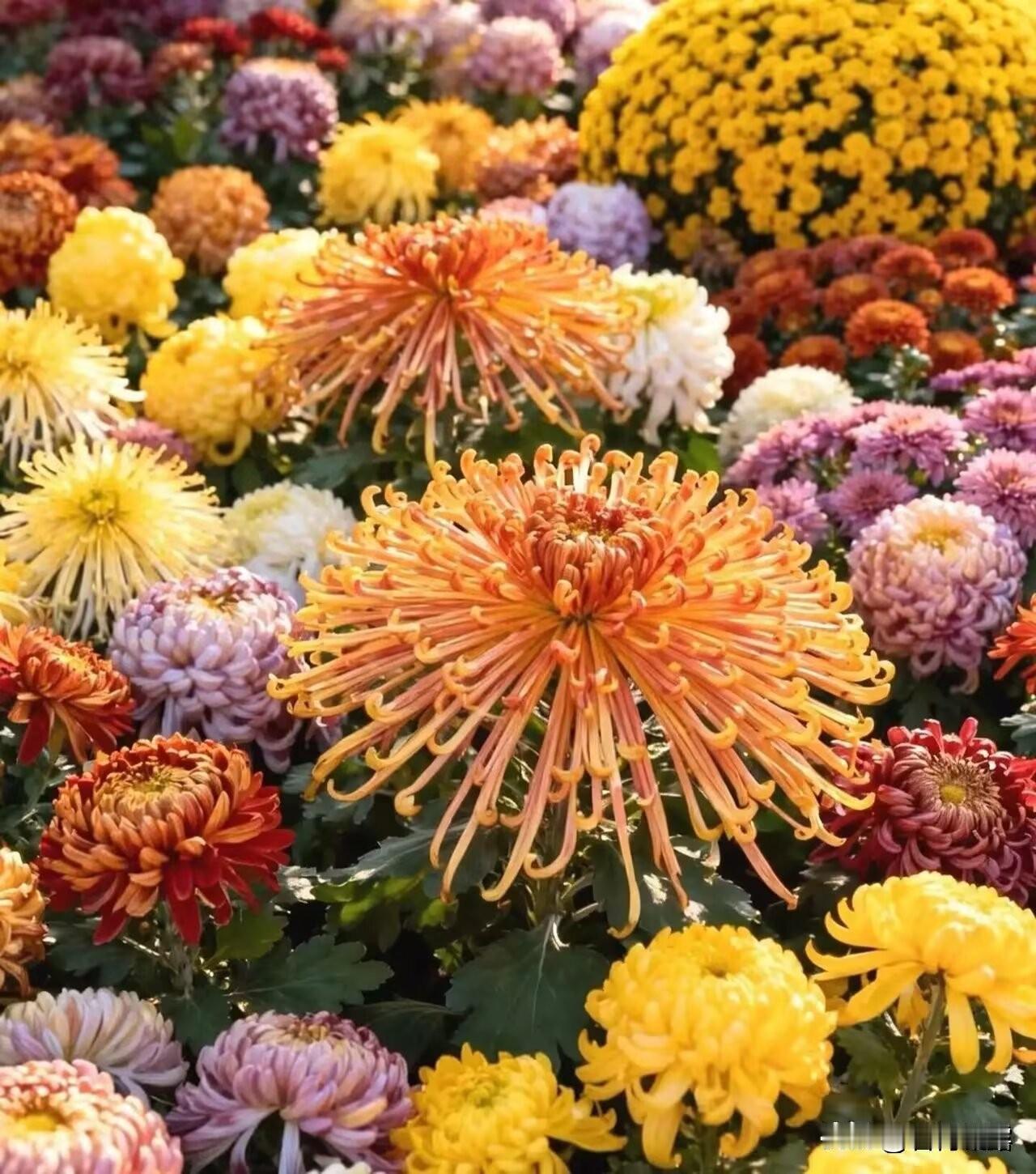 晒晒家乡的菊花，菊花的颜色丰富多彩，各有风采之美，黄色菊花象征着阳光，红色菊花代