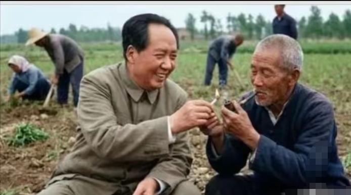 最近这张“毛主席蹲在田埂上，笑着给老农点烟”的照片，刷到的时候，不少人第一反应都