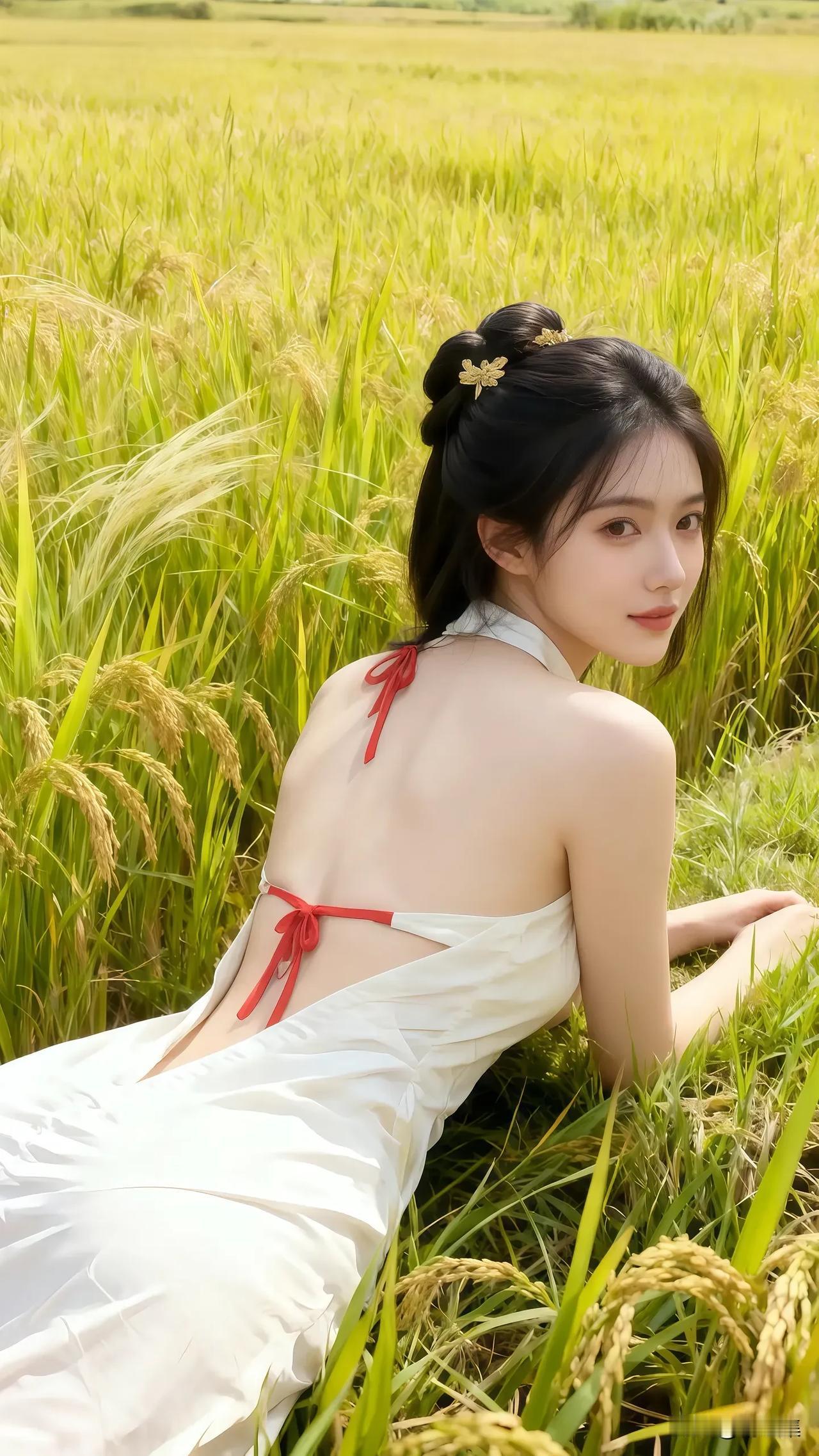 在金黄的稻田中，少女白裙飘飘，红丝带轻拂，宛如画中仙子。