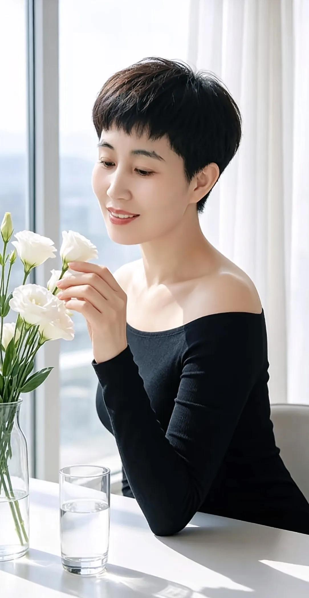 露肩裙性感迷人的大姐，笑靥如花，气质优雅知性。