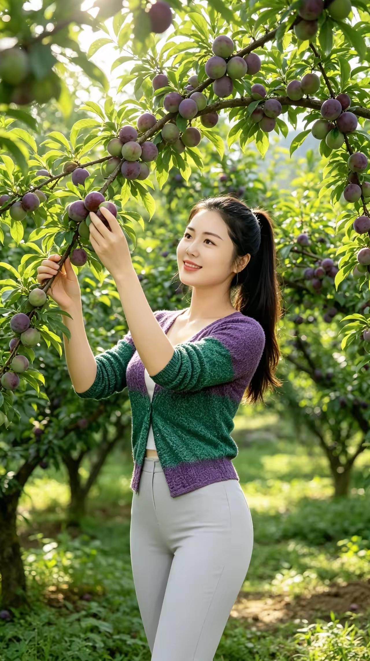 阳光下的果园，采摘甜美多汁的李子，享受自然的馈赠！🌞🍒💚