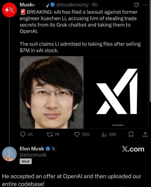 马斯克发文，说他旗下XAI公司的一个华人工程师从他的公司离职后，加入了Open