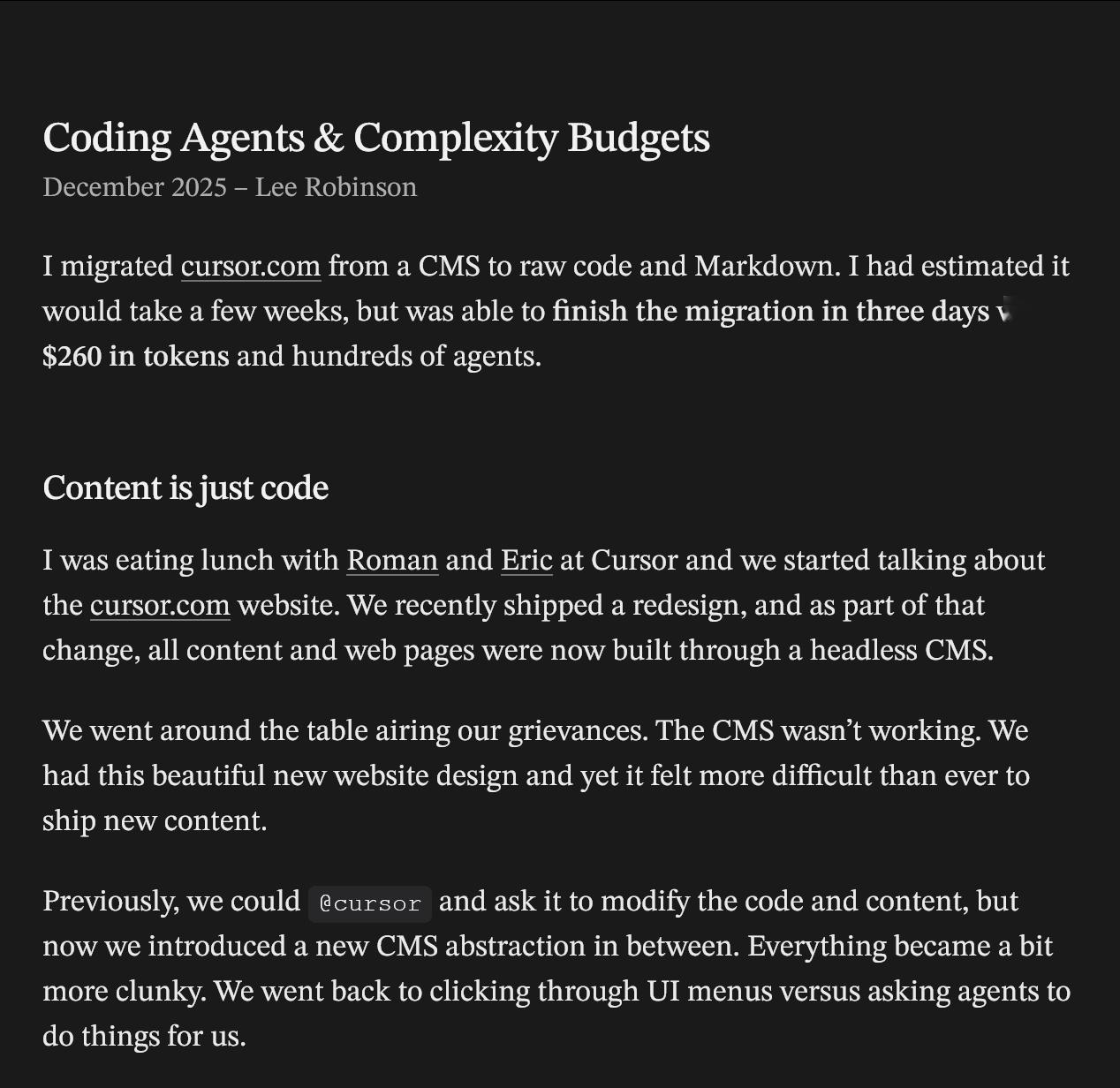 Cursor公司的LeeRobinson分享了他将Cursor.com网站从