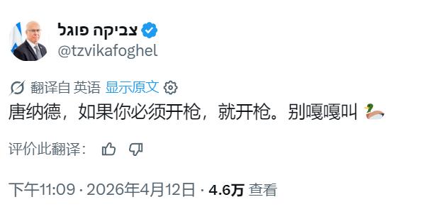 特朗普再次被以色列人嘲笑是鸭子！[捂脸哭]以色列议会国安会主席福格尔嘲笑：“唐纳