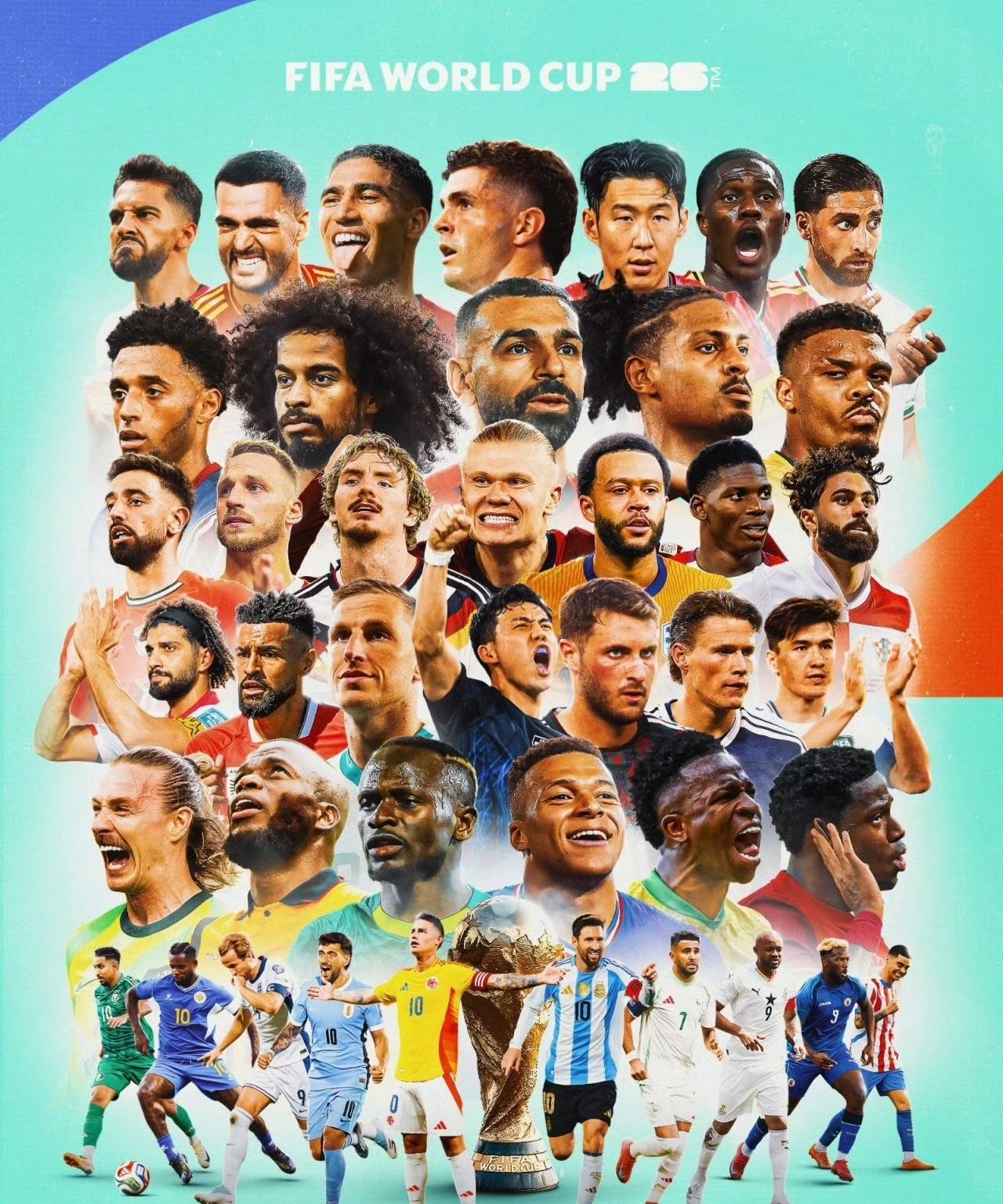 世界杯已经产生了42支参赛队，国际足联发布了海报，每队一个代表人物。法国是姆巴佩