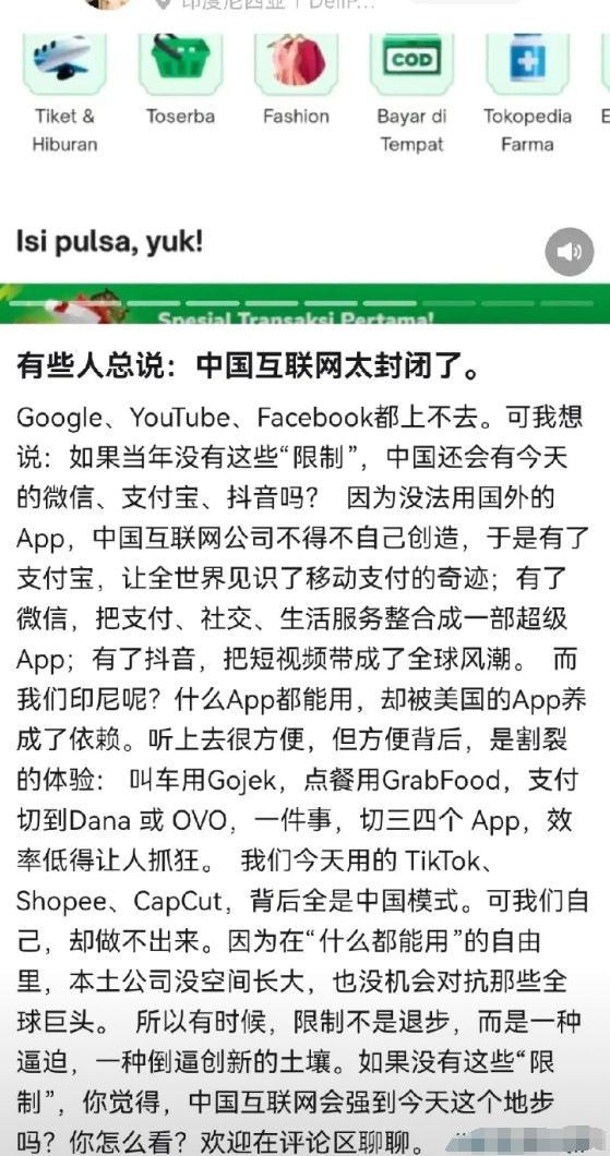 印尼华人博主称有些人中国总是抱怨中国互联网太封闭，其实这些人完全就是无病呻吟，如