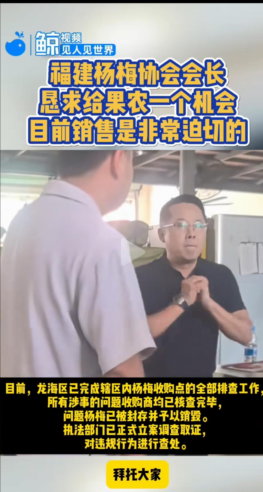 福建杨梅协会会长恳请给果农一个机会看的出来，他确实很着急杨梅是季节性水果卖