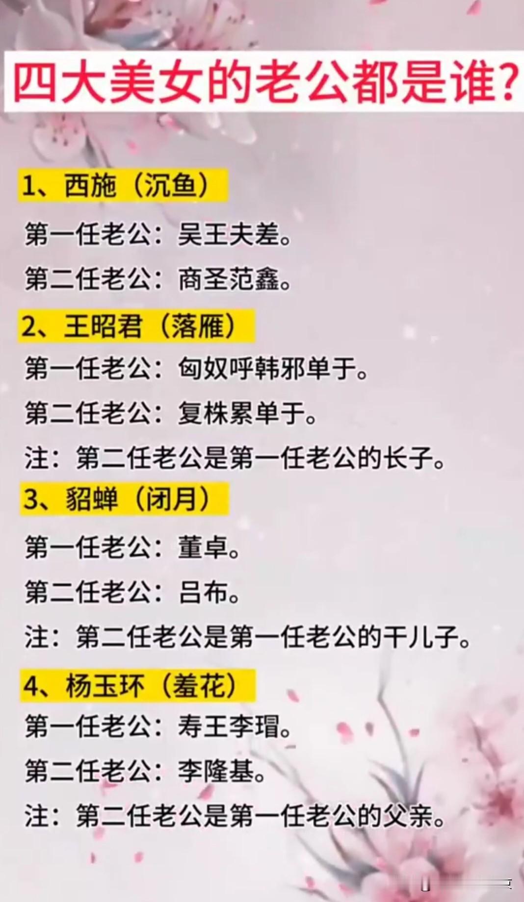 古代四大美女的老公都是谁沉鱼~西施，落雁~王昭君，闭月~貂蝉，羞花~杨玉