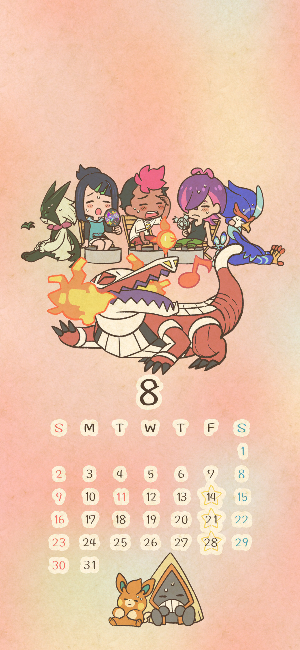宝可梦地平线8月壁纸日历💡8月的主题是——英勇浅葱号上的夏天！度过炎热季节