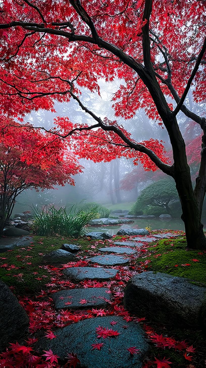 秋意浓，红叶漫山，漫步在雾中石径，感受大自然的静谧与美丽。🍁🍂🍃