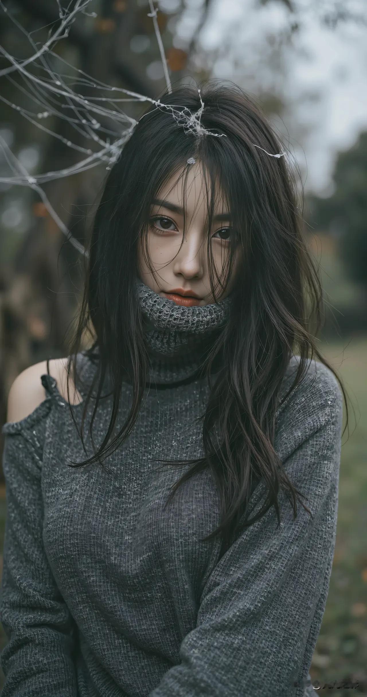 光之影秋日森林中的神秘少女，黑发飘逸，眼神深邃。