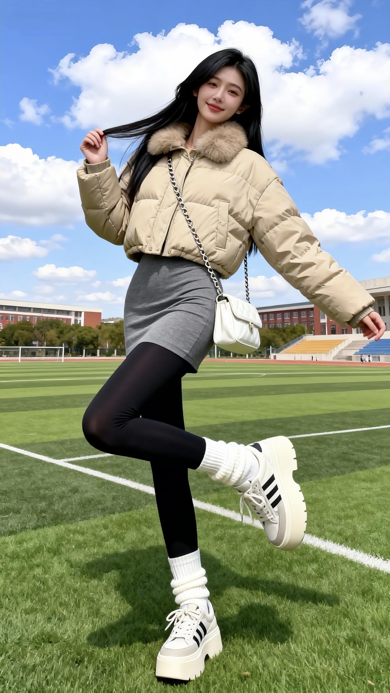 卡其毛领短羽绒+灰短裙，软乎乎的暖意裹着甜辣感，黑丝叠白堆堆袜+厚底鞋显高又元气