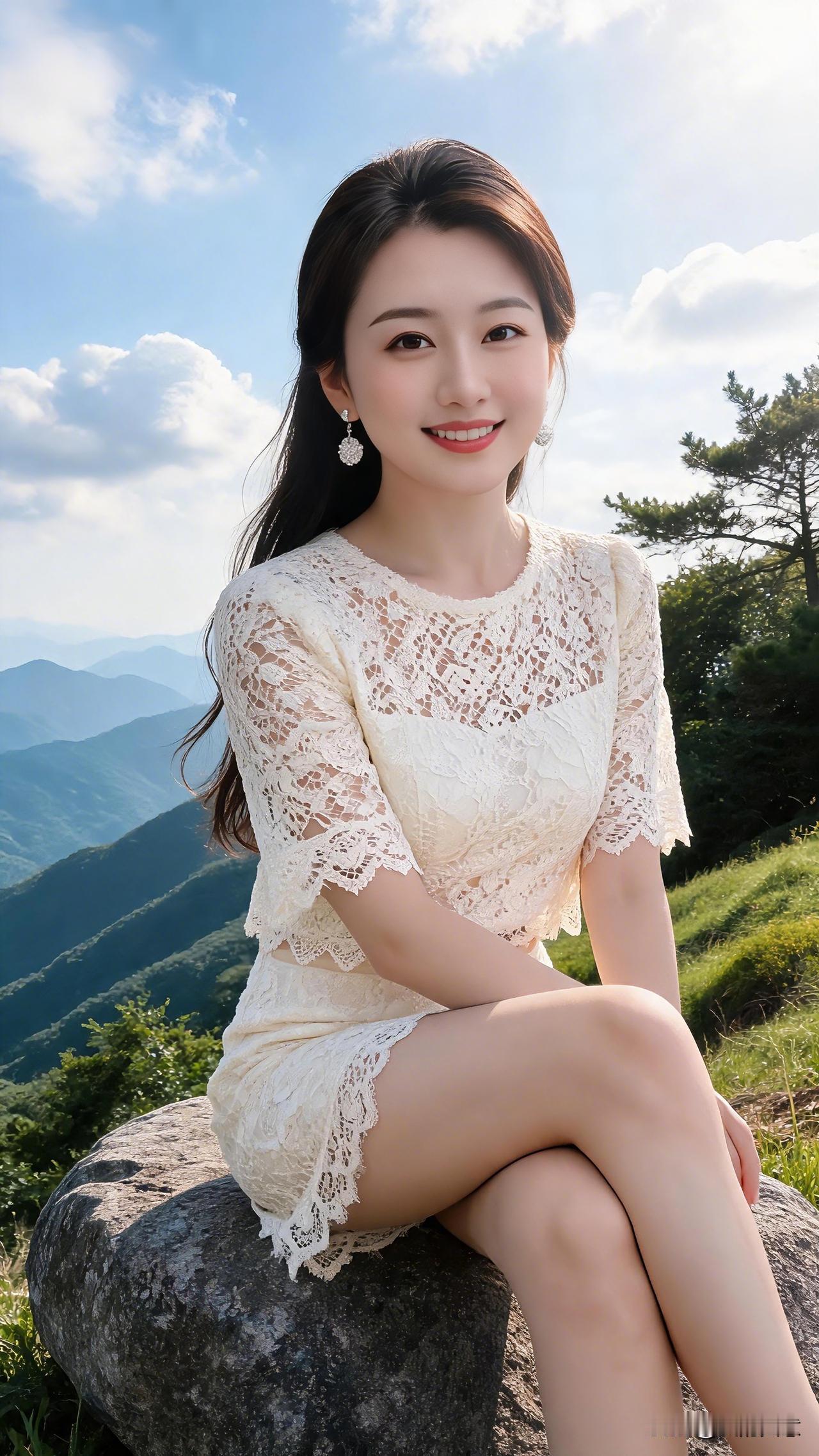 登临山野之间，一袭温柔白蕾丝套装，迎着山间清风，与远山蓝天相映，松弛又优雅，把夏