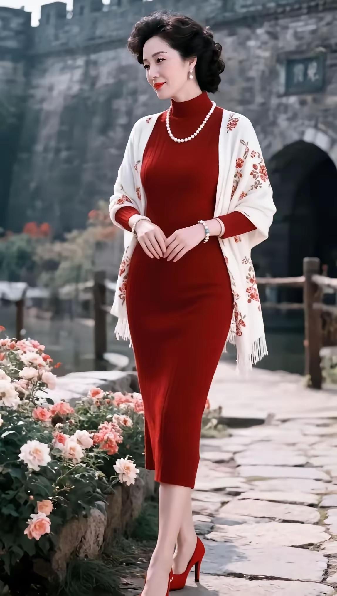 优雅红裙，古风韵味，花间漫步，尽显风华。