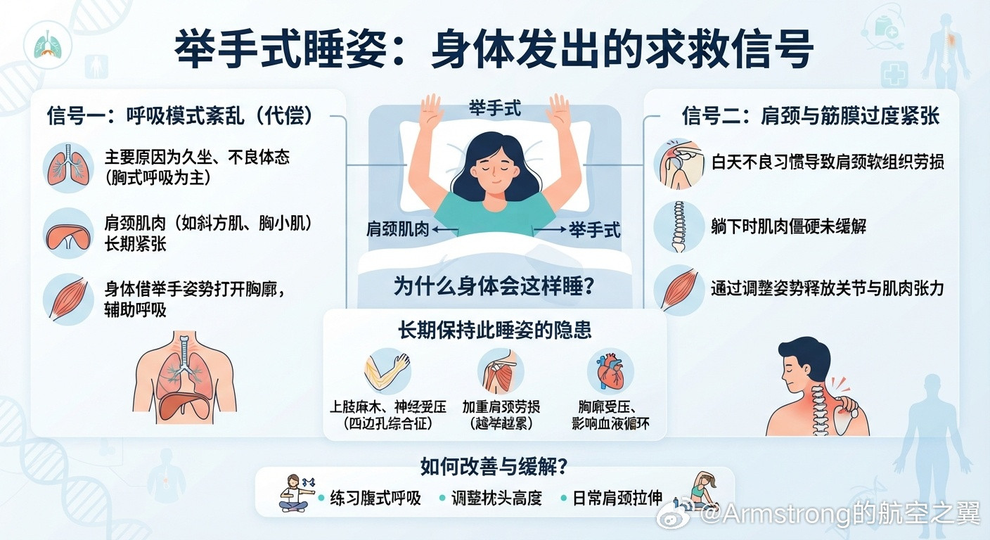 举手式睡姿是身体在求救这种说法并不是危言耸听。医学和健康科普上确实指出：如果在