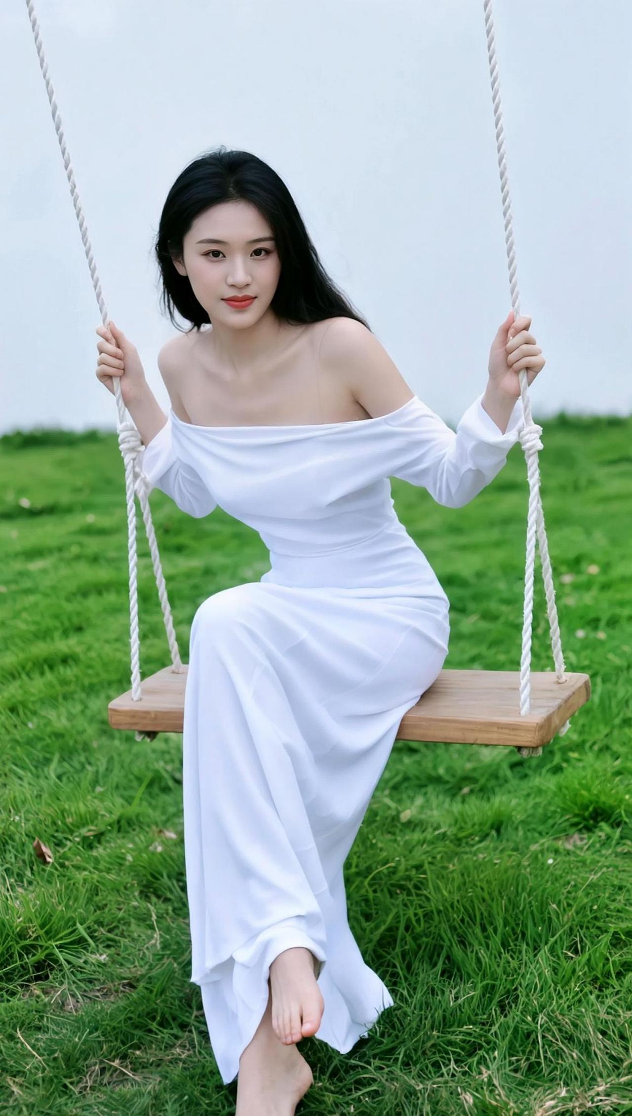 在绿意盎然的草地上，一条秋千轻轻摇曳，仿佛在诉说着自由与宁静的故事。白色长裙在风