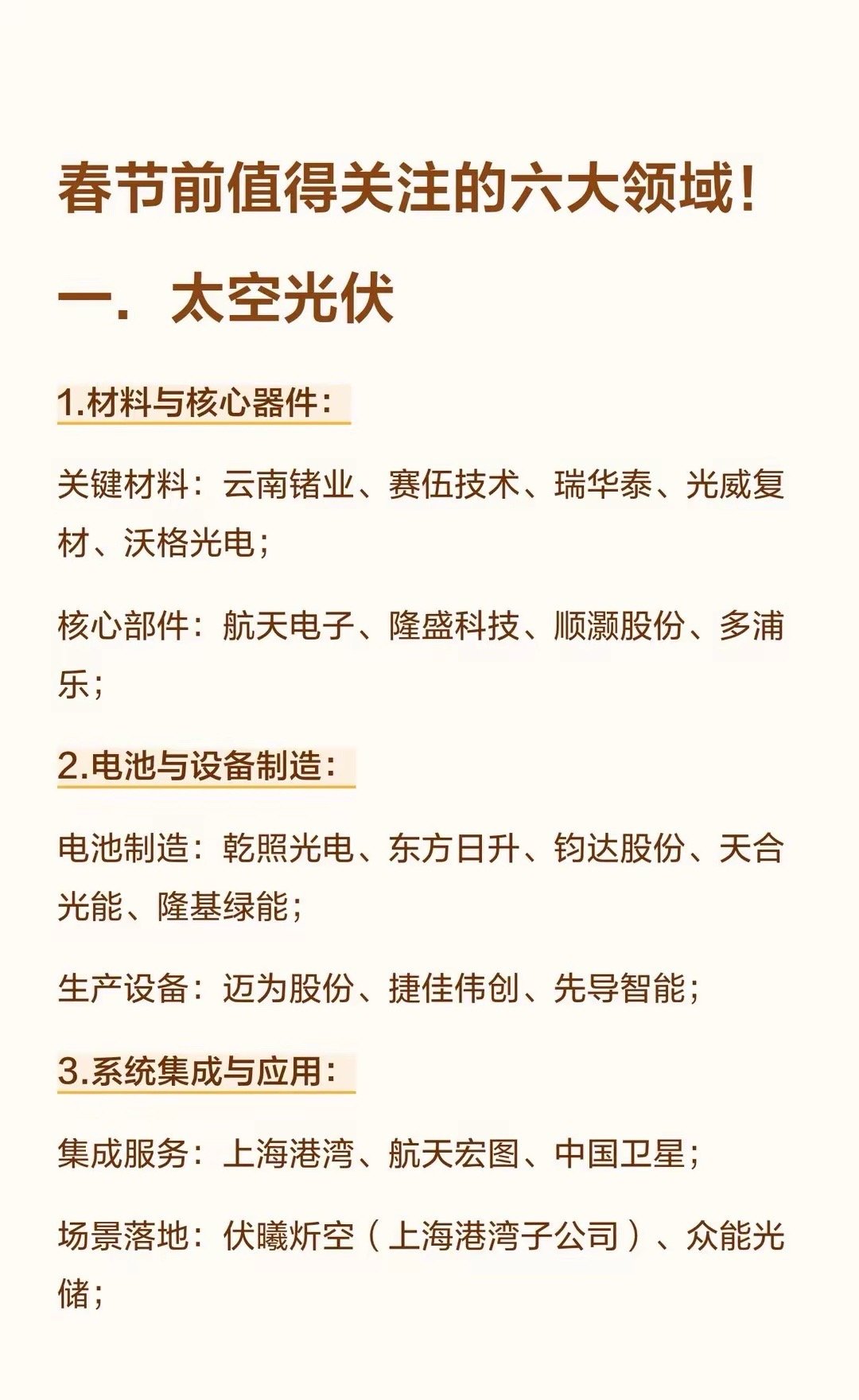 春节前值得关注的六大领域！春节前值得关注的六大领域！一．太空光伏1.材料与核心器