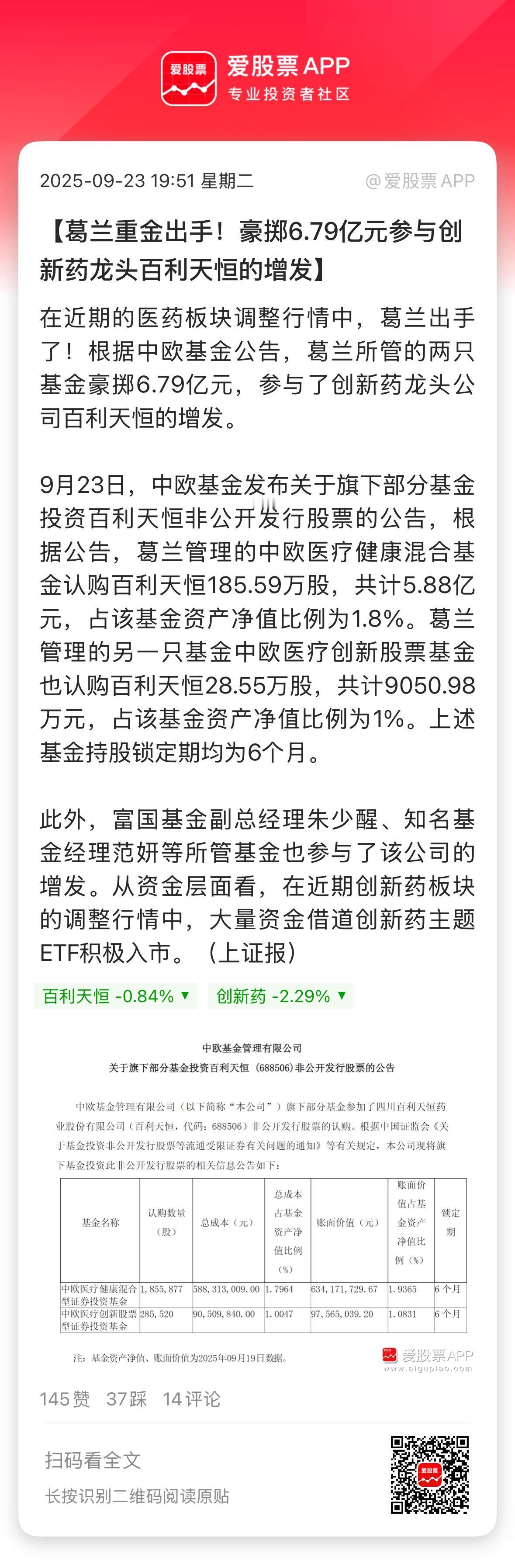医药女神葛兰很久没出手了，这次豪掷6.79亿元，参与创新药龙头百利天恒的增发。