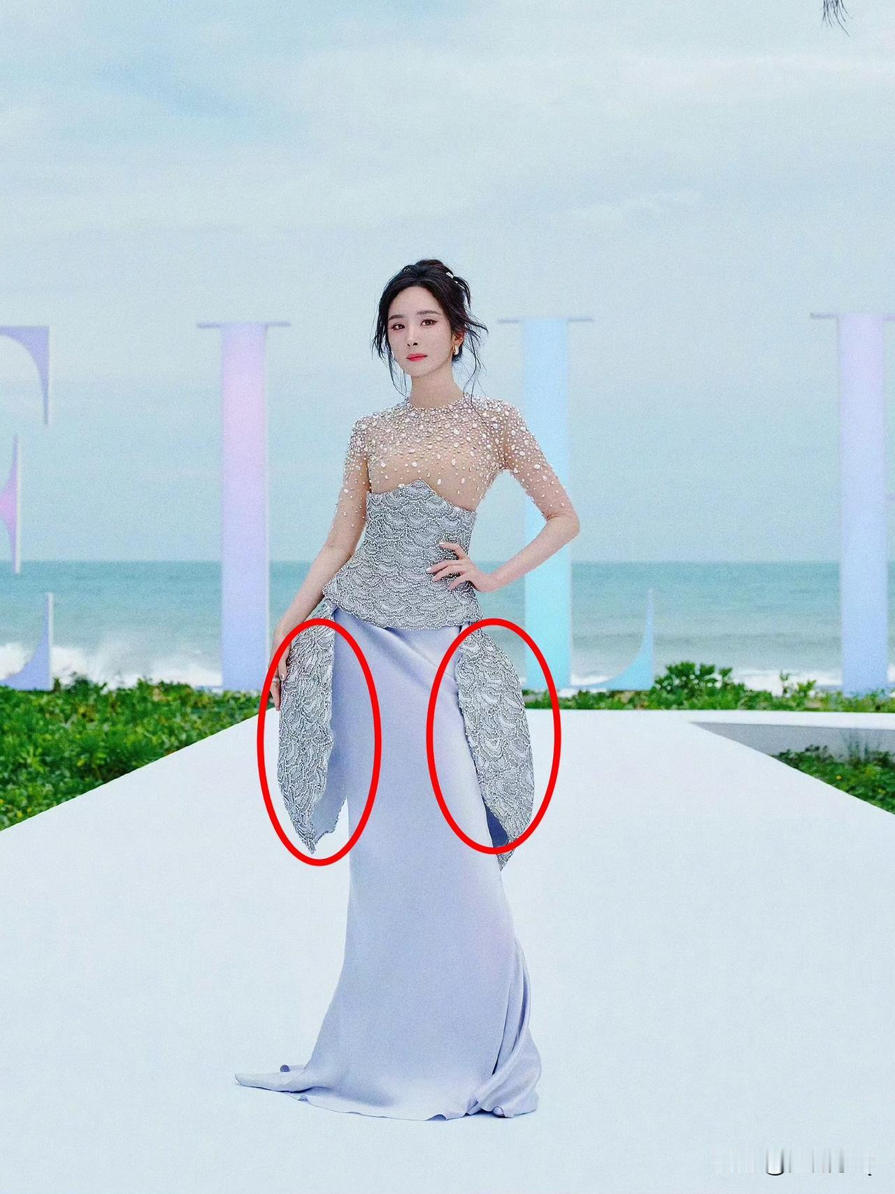 杨幂高定裙旁边的两片布料好违和，而且很多余，像极了瓢虫身上的一对鞘翅。