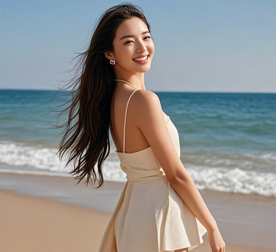 妩媚佳人倚风而立，海天之间尽显妖娆