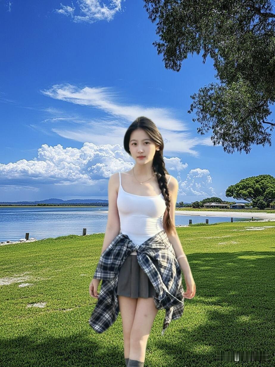 夏日清新穿搭，绿草如茵，阳光明媚，少女漫步在湖畔。