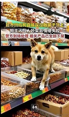 是时候该整治养狗的人了！广州一个女子，在超市跟人吵架，直接让狗站在干果货架上，她