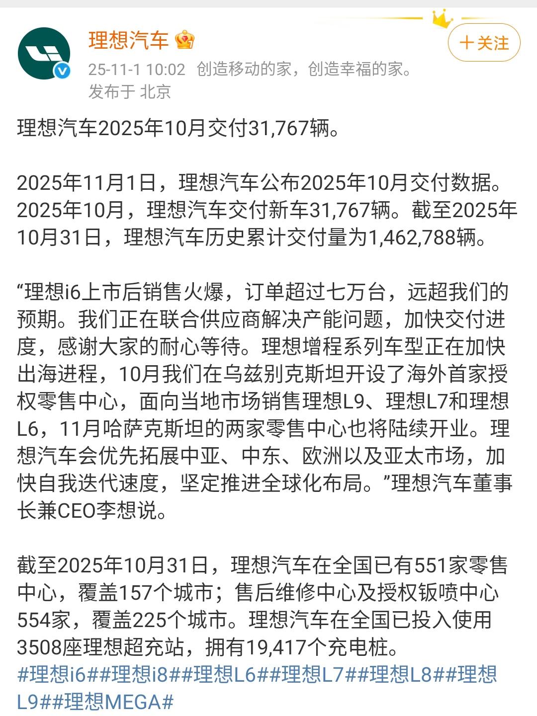 理想汽车发布销量情况说明！证实了销量下滑，并说明了理想i6取得了7万辆订单，