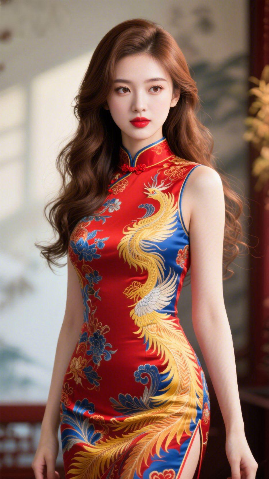 凤纹旗袍的雅艳韵暖室光缕轻覆缎面，正红旗袍上的凤纹似浸了金芒，朱红盘扣与蓝