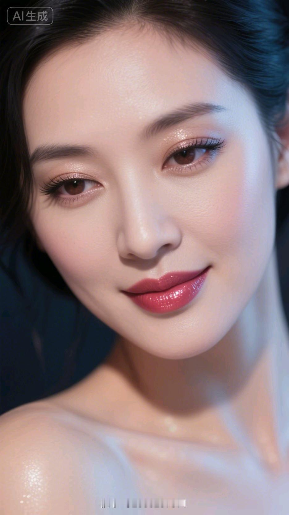 温柔眼妆，甜美笑容，完美无瑕的肌肤，AI生成的完美女神。