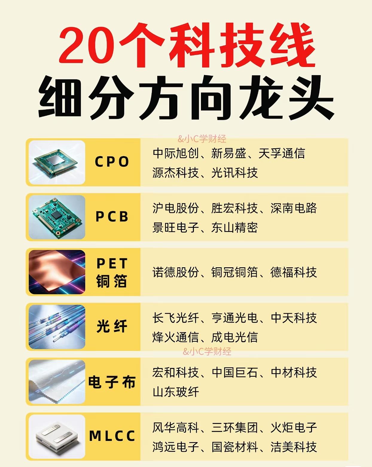 20个科技线细分方向龙头梳理以下是20个科技细分领域的龙头标的汇总，涵盖光电