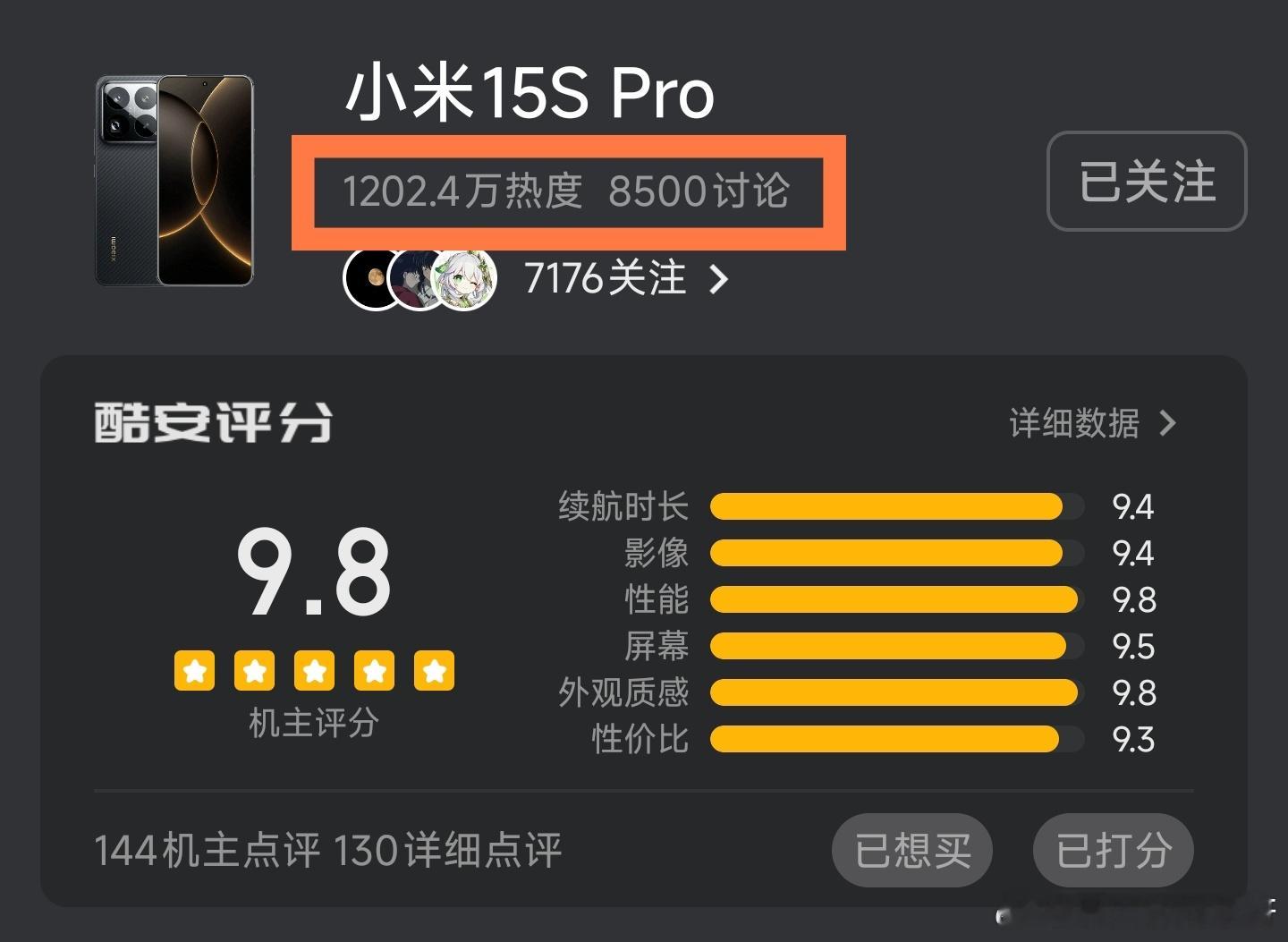 小米15Spro单机型在小绿书里面已经超1200万热度了，我印象的历史新机中超