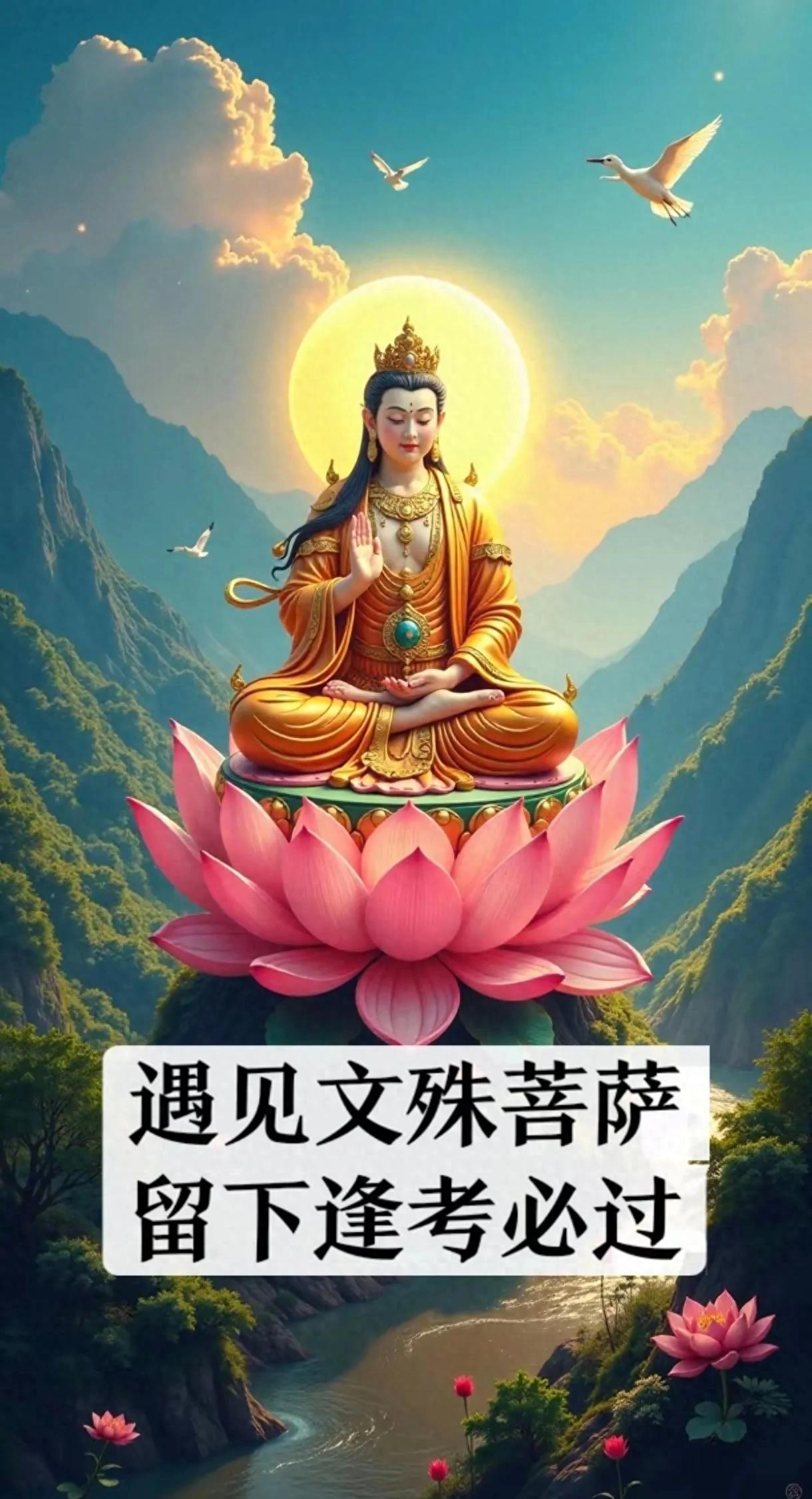 恭喜刷道的人遇见文殊菩萨，留下逢考必过。愿即将考研的孩子们逢！考必过，愿一切众
