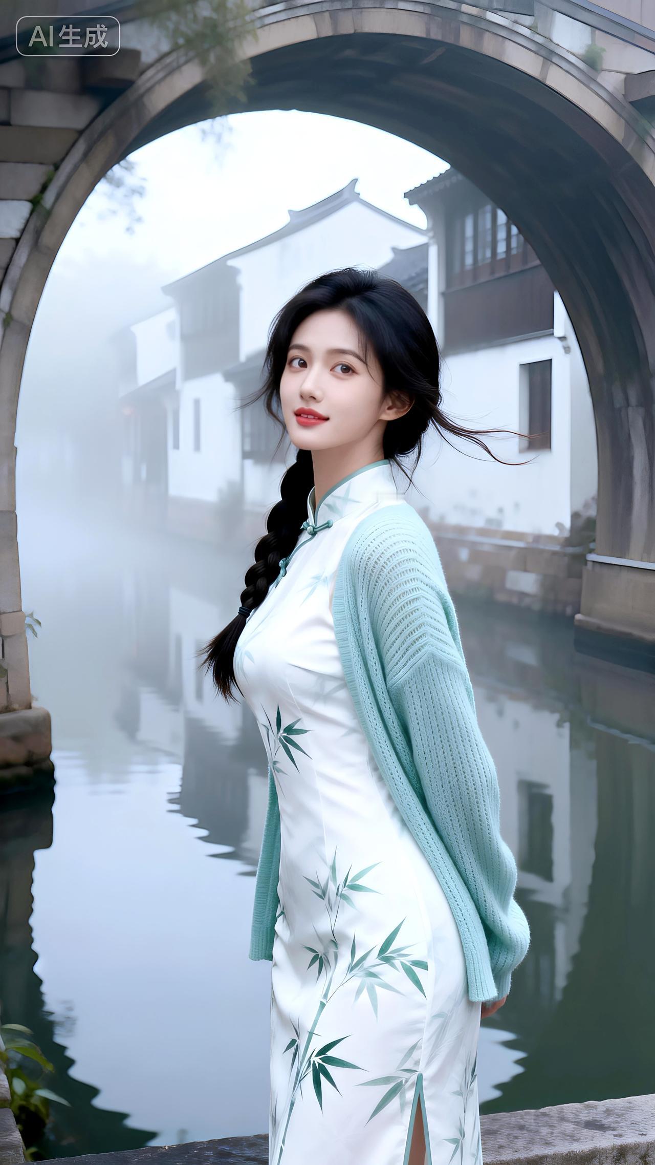 烟雨画桥舟自横，素手拨清波，惊扰一池萍。壁纸写真女神甜妹