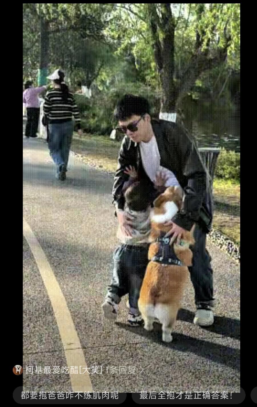 家人们笑疯了！这画面也太有意思了！爸爸一过来，娃和柯基都扑上来要抱抱！爸爸先把娃