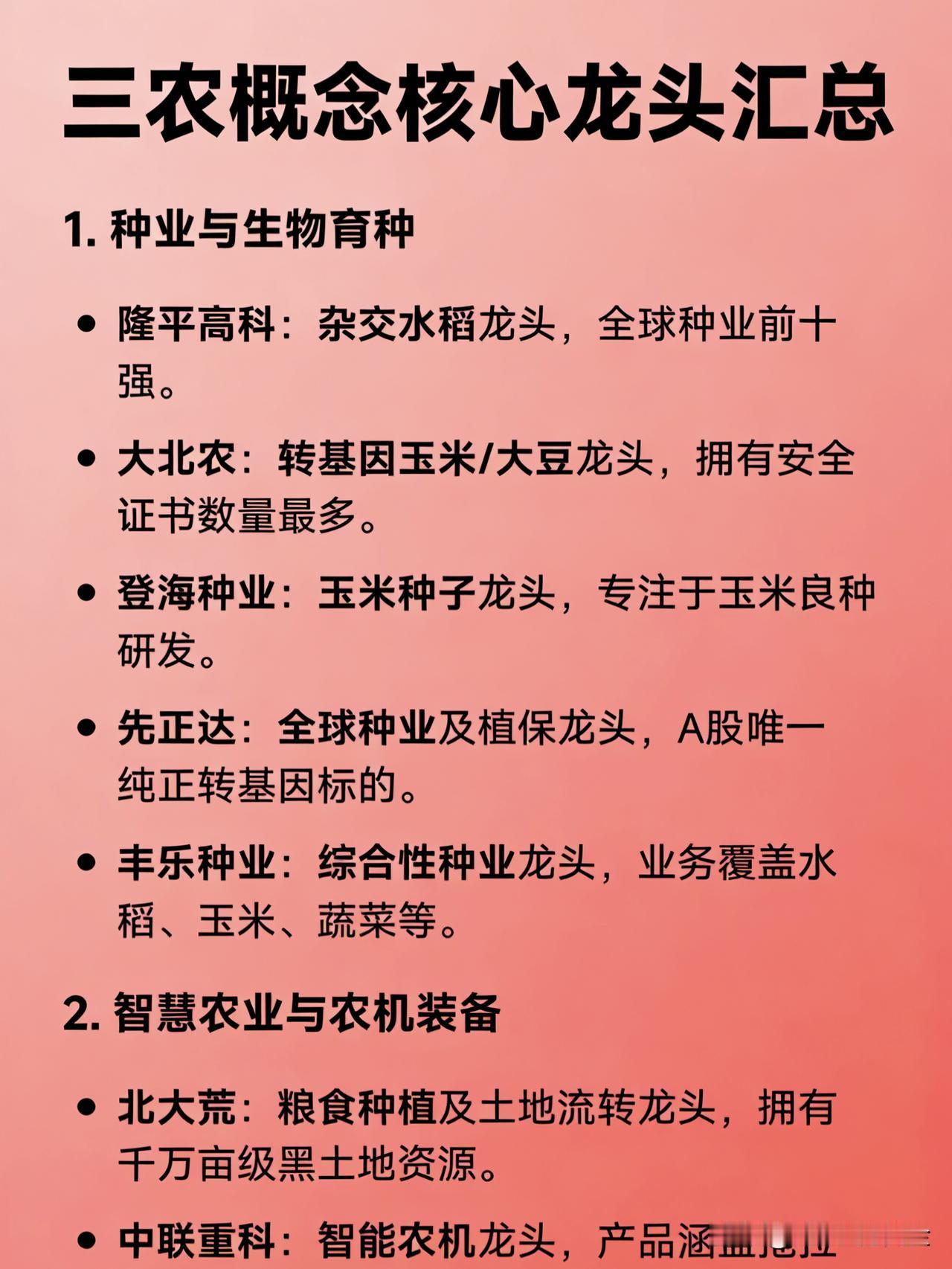 三农概念核心龙头汇总1.种业与生物育种隆平高科：杂交水稻龙头，全球种