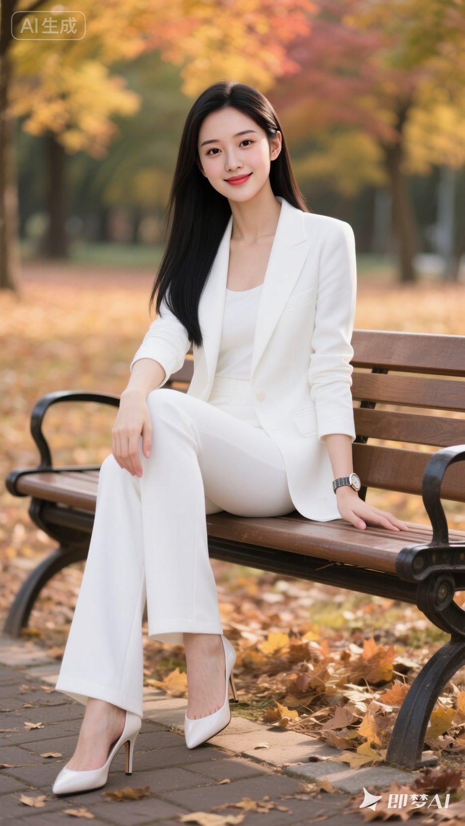 一位绝色年轻美女闲坐于秋季公园长椅，身着全白套装，外搭白色上衣，内配紧身微喇裤，