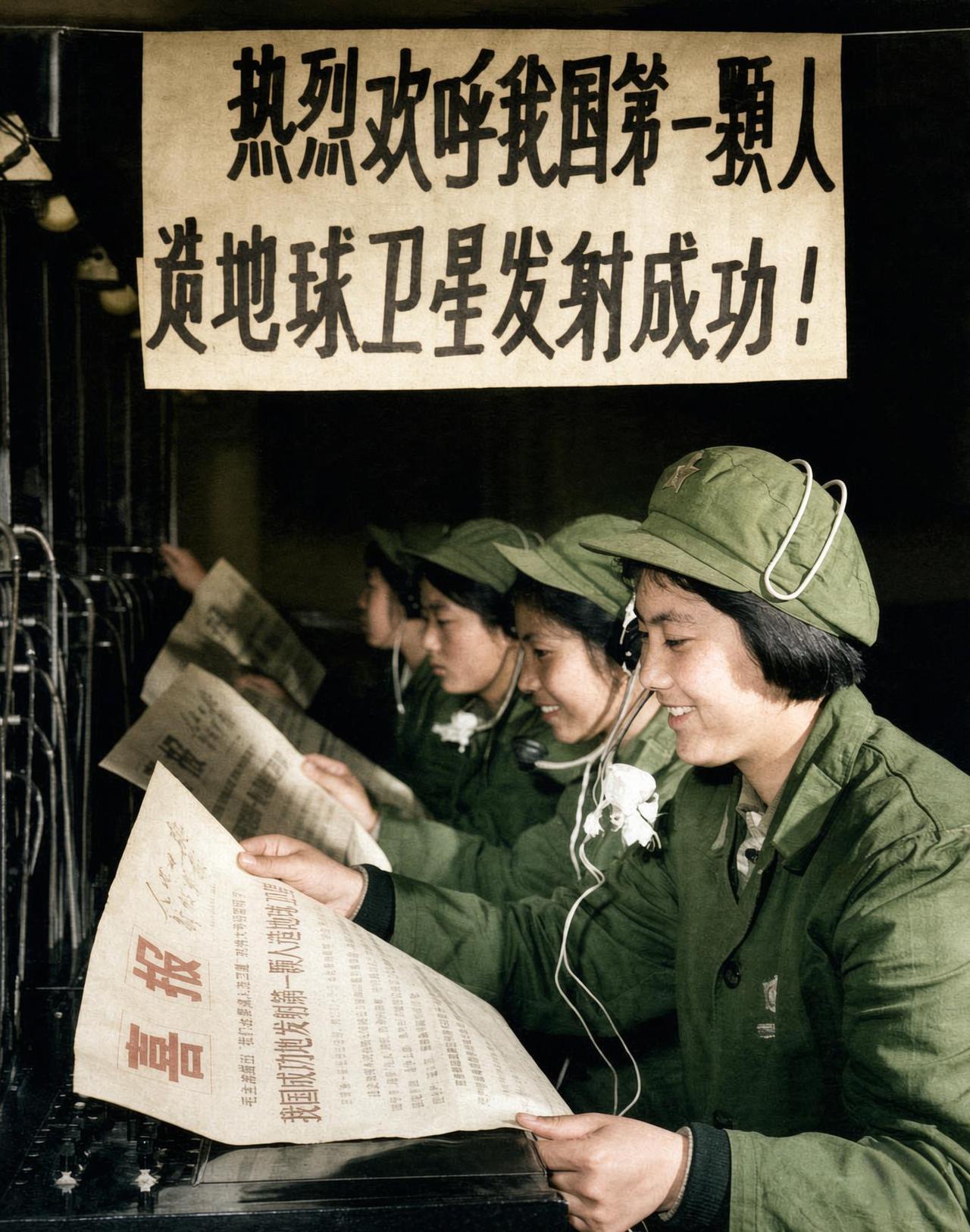 1970年，“东方红一号”发射成功之夜，解放军女通信兵头戴耳机、身着65式军装，