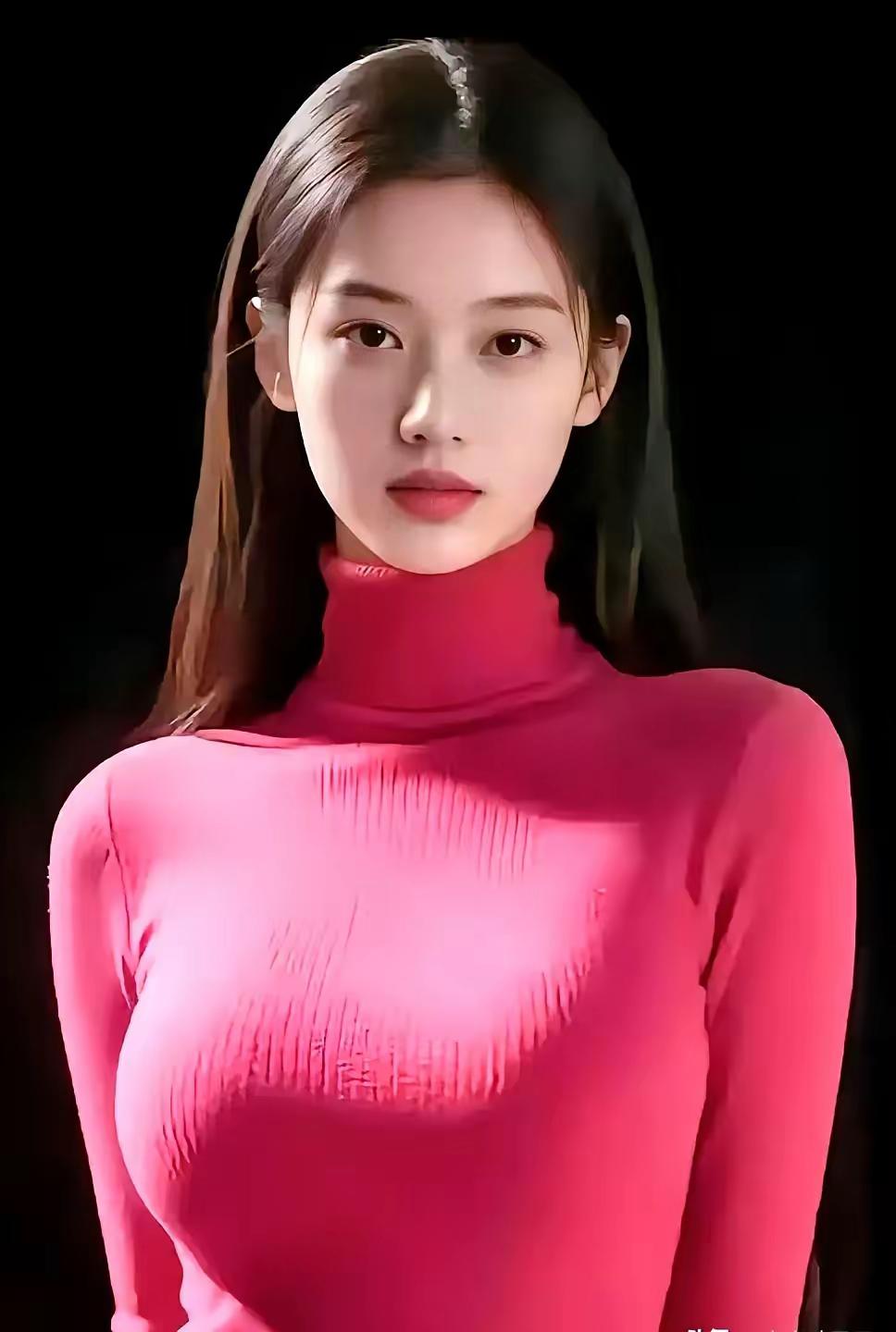 柔发坠，红衫裁得玉身娇。​正幽姿独显，神如静水迢迢。​檀口微含韵轻透，黛眉微