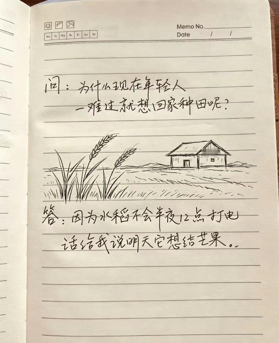 为什么现在年轻人一难过就想回家种田？答案：因为水稻不会半夜12点打电话给我