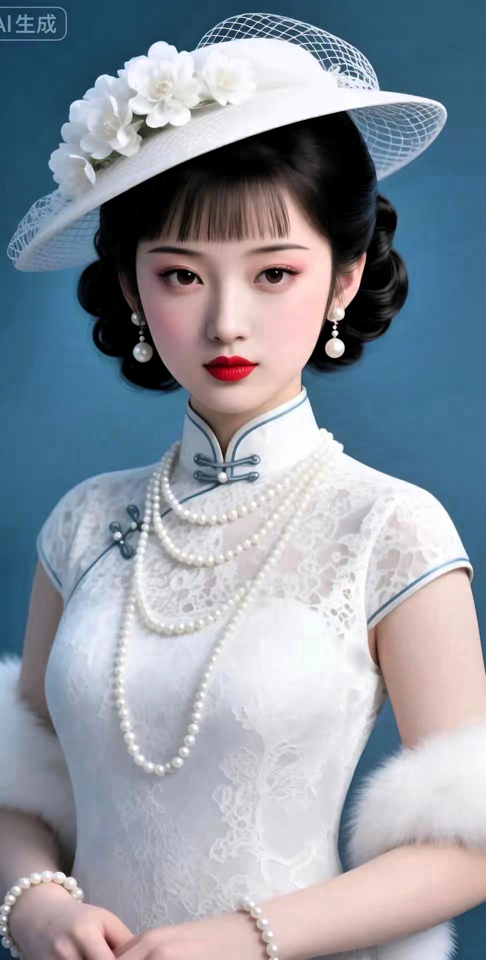 复古民国风，优雅白裙与珍珠配饰，尽显古典韵味。