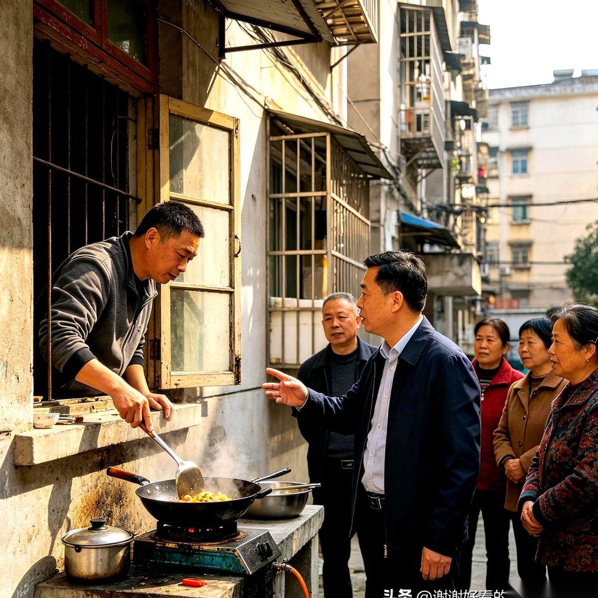 长沙县一个小区，对面楼的窗台突然伸出来一口锅。不是花盆，是真锅，底下还窜着蓝色