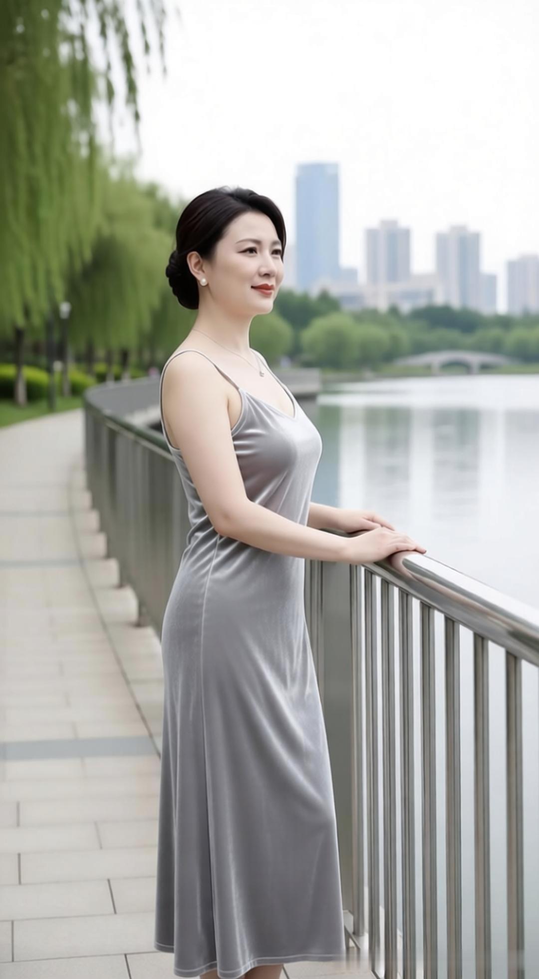 临水凭栏，微风携着柳丝轻扬，褪去半生匆忙，才懂慢下来的自在。一袭素色缎裙，衬
