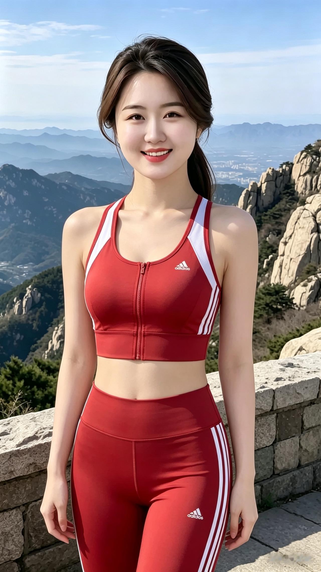 山巅之上，活力少女群峰迤逦万里长，姑娘静立石台旁。红衣运动套装俏，笑靥明